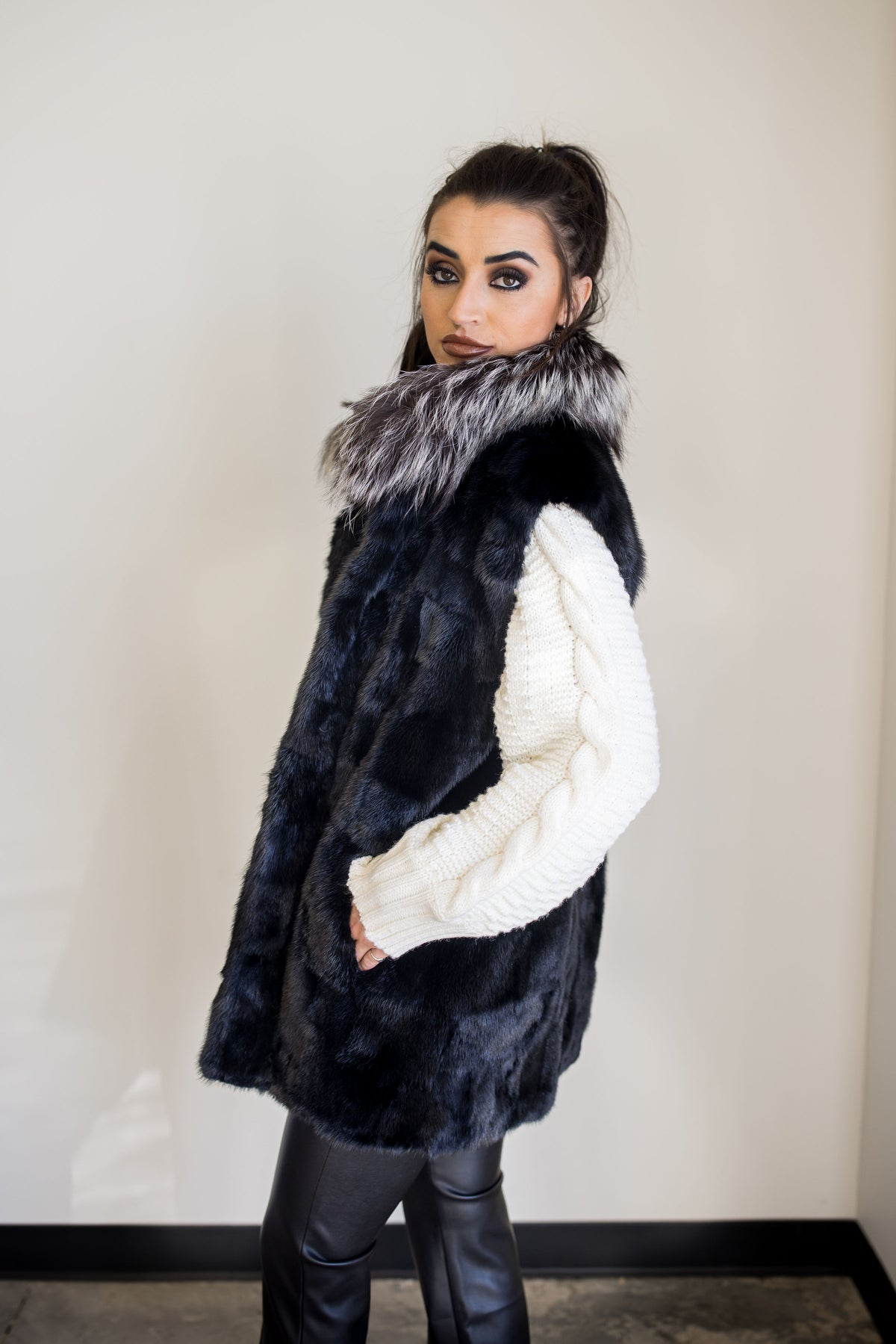 Black Mink Vest with Silver Fox