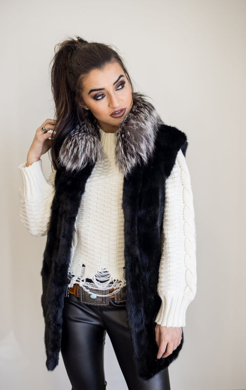 Black Mink Vest with Silver Fox | C&B Collections