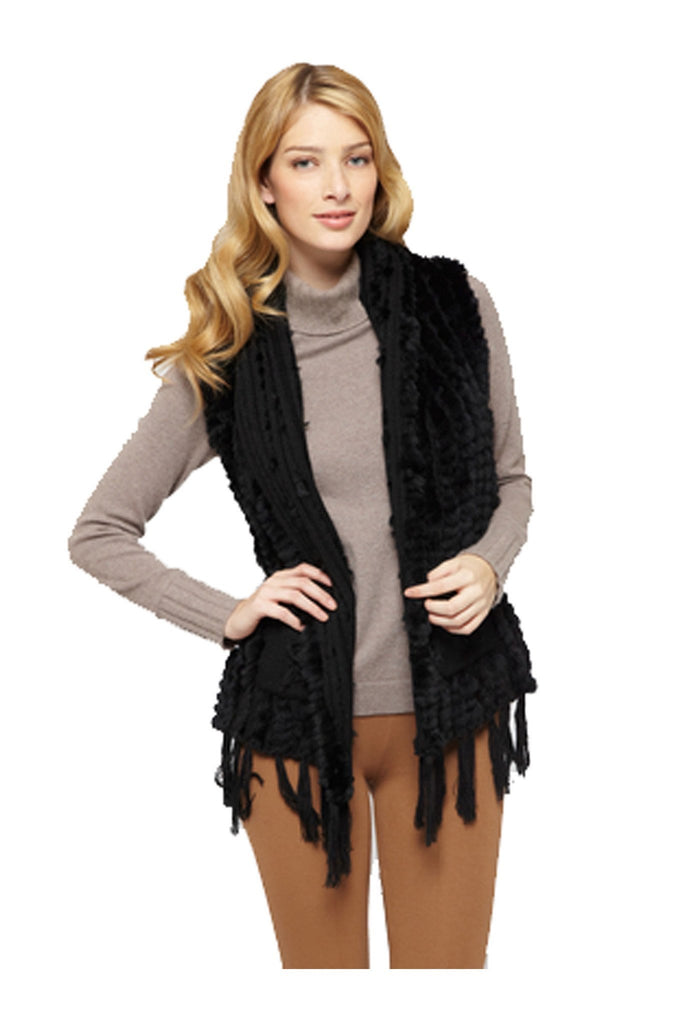 Blonde woman wearing C&B Furs black wool & rex rabbit fur swing vest